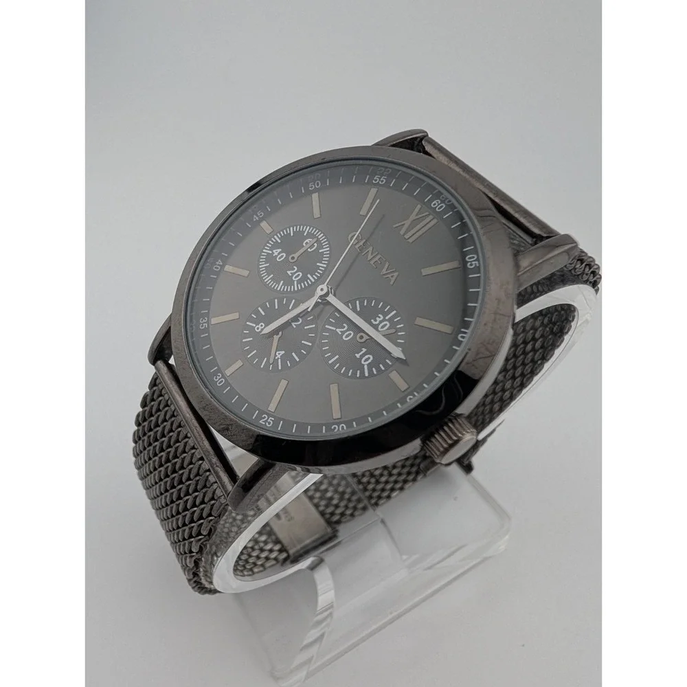 Geneva Watch‎ Men 42mm Case Gunmetal Tone Mesh Metal Band w/ Box- New Battery